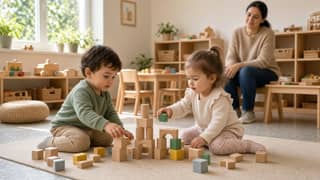 Pequeños jugando juntos en un aula de guardería con supervisión de la educadora