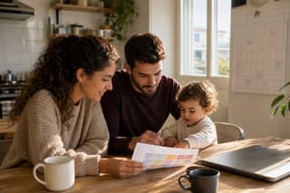 Familia revisando el calendario semanal para retomar la rutina antes de empezar la guardería en septiembre
