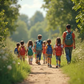 Grupo de niños y educadores en una excursión a la naturaleza