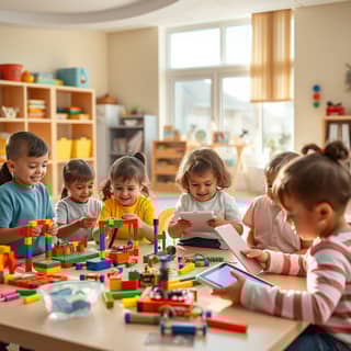 Niños construyendo una torre con bloques en la guardería