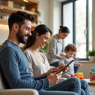 Padres sonrientes interactuando con una tablet y un smartphone, con un niño feliz en el fondo de una moderna guardería española.