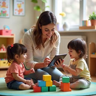 Una educadora de guardería sonriente interactuando con niños pequeños en un aula luminosa, mientras discretamente usa una tablet para registrar actividades en una aplicación.