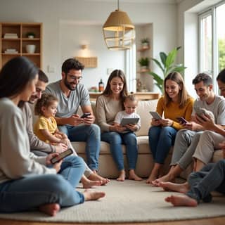 Un grupo diverso de padres y madres sonrientes, con niños pequeños, usando sus smartphones y tablets en un entorno moderno y acogedor de una guardería española, mostrando una comunicación fluida.