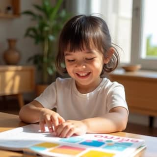 Niño sonriente interactuando con una agenda visual física en un hogar español luminoso.