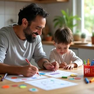 Padre e hijo construyendo una agenda visual juntos, sonriendo y con materiales coloridos en una mesa de madera.