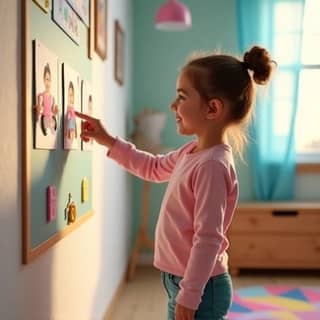 Niña sonriente y concentrada, señalando una imagen de 