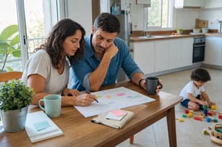 Progenitores planificando en casa el calendario de agosto con semanas sin guardería mientras su hijo pequeño juega cerca