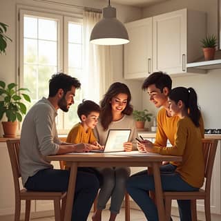 Familia española planificando el presupuesto para la guardería