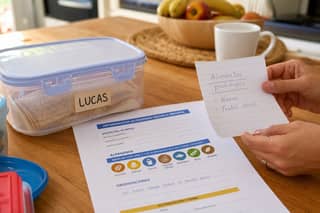 Familia preparando documentación de alergias alimentarias para el comedor de la escuela infantil
