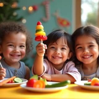Niños sonrientes en una guardería española disfrutando de un almuerzo saludable con verduras y frutas frescas. Uno de los niños sostiene una brocheta de frutas de forma divertida.