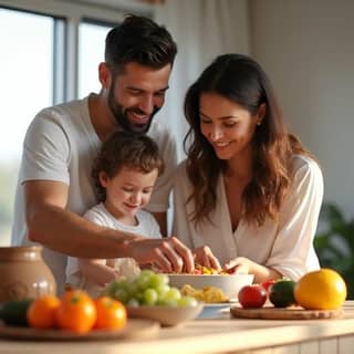 Una familia española, padre, madre e hijo pequeño, cocinando juntos en una cocina moderna. El niño está ayudando a mezclar ingredientes para una receta saludable, con frutas y verduras frescas en la encimera.