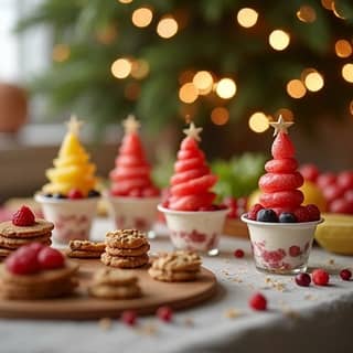 Mesa navideña infantil con alternativas saludables a los dulces: brochetas de frutas en forma de árbol, galletas de avena caseras, vasitos de yogur con frutos rojos y pequeñas porciones de turrón saludable. Fondo desenfocado con decoración navideña.