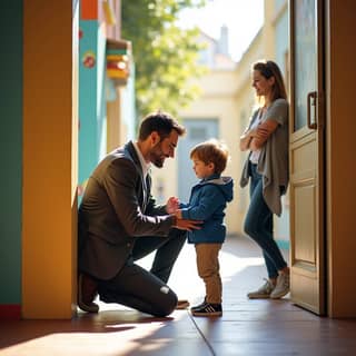 Padre despidiéndose de su hijo en la puerta de una guardería en España, con una educadora sonriente esperando al niño.