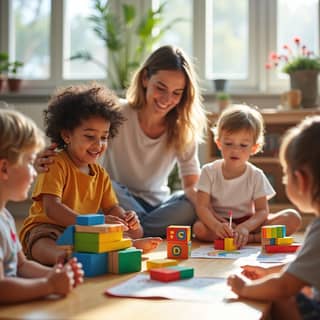 Un grupo de niños pequeños riendo y jugando con juguetes en una guardería moderna y luminosa en España, bajo la supervisión de una educadora.