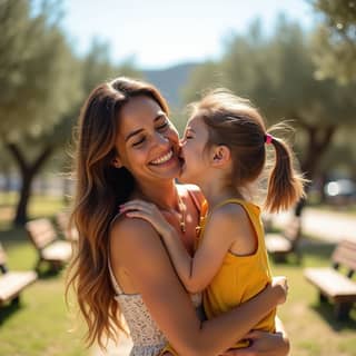 Madre e hijo riendo juntos y abrazándose en un parque soleado en España, simbolizando la felicidad y el vínculo fuerte después de la adaptación a la guardería.