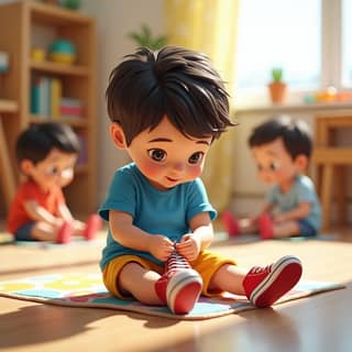 Niño pequeño con ropa colorida intentando atarse los cordones de sus zapatillas en un aula de guardería, con otros niños jugando en el fondo.