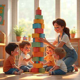 Grupo de niños y niñas de diversas etnias sonriendo y jugando felizmente con bloques de construcción en un aula luminosa de una guardería en España, con una educadora observando.
