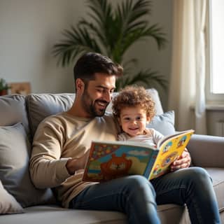 Padre y niño pequeño de etnia caucásica, sentados cómodamente en un sofá en un salón moderno de un hogar español, leyendo un libro ilustrado juntos y sonriendo.