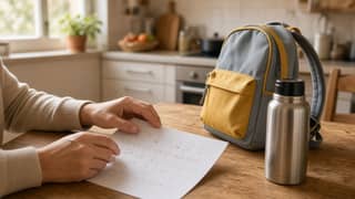Padres revisando el calendario escolar de octubre antes de organizar la guardería