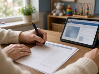 Padres firmando la solicitud de plaza en una escuela infantil asturiana