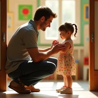 Padre recogiendo a su hija de la guardería, la niña parece cansada y un poco abrumada, mientras el padre la mira con empatía.