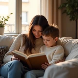 Una madre y su hijo pequeño sentados en el sofá de casa, leyendo un cuento juntos en un ambiente cálido y relajado.