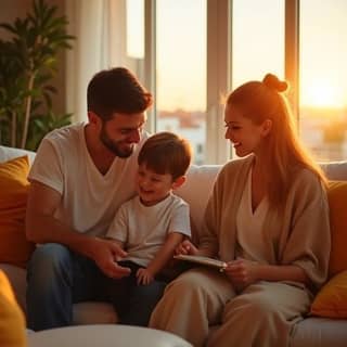 Una familia feliz, padre, madre e hijo, disfrutando de un momento de juego tranquilo y conectado en su salón al atardecer, con una atmósfera de paz y bienestar.
