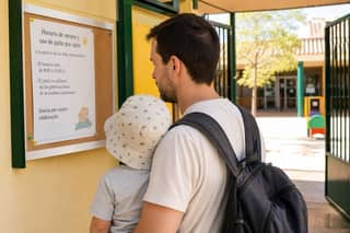 Padre leyendo una circular sobre horarios de calor en el tablón de una guardería con su hijo pequeño con gorro