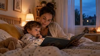 Madre leyendo un cuento a su hijo pequeño antes de dormir en una habitación tranquila