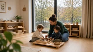 Educadora acompaña a bebés en una sala luminosa de escuela infantil en Cantabria en otoño