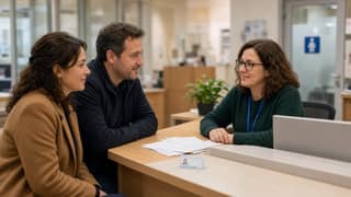 Familia consultando la admisión en una oficina educativa en Cataluña
