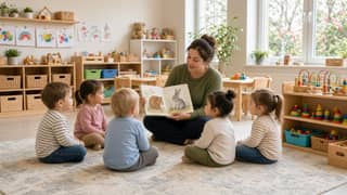 Educadora leyendo un cuento a un grupo pequeño en un aula luminosa de escuela infantil