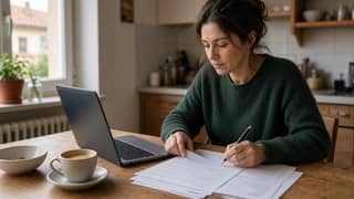 Madre revisando la documentación de admisión escolar en casa con portátil y formularios impresos