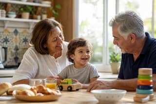 Abuelos desayunando con un niño pequeño en casa durante un día de verano