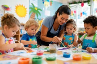 Niños pequeños realizando actividades de manualidades en una escuela de verano con supervisión de una educadora