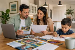 Padres revisando folletos y documentación de una colonia de verano para su hijo pequeño