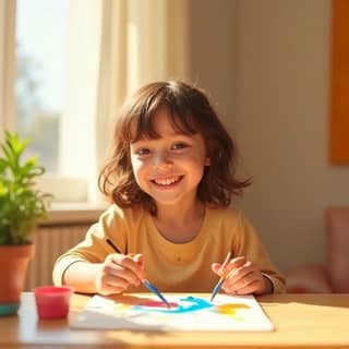 Niño sonriendo y pintando con colores vivos en una habitación infantil bien iluminada y decorada con tonos pastel y acentos de color naranja y amarillo.