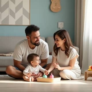 Padres sonriendo mientras un niño pequeño juega en un suelo de madera clara, rodeado de mobiliario infantil en tonos suaves y una pared decorada con un patrón geométrico en azul, gris y blanco.