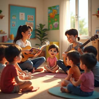 Grupo de niños y educadores en una guardería española