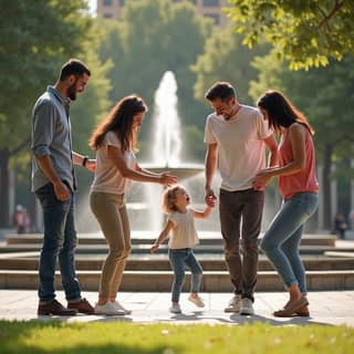 Padres felices jugando con sus hijos en un parque español
