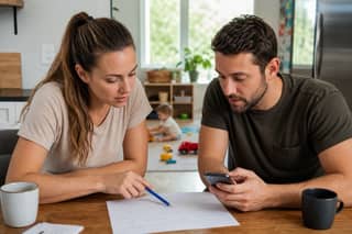Padres repartiendo turnos de cuidado y trabajo en un calendario de verano mientras su hijo pequeño juega cerca