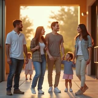 Padres sonriendo y charlando animadamente a la salida de una guardería en España, con niños jugando cerca.