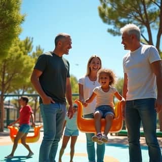 Un grupo diverso de padres y madres de diferentes etnias riendo y charlando en un parque infantil de España, mientras sus hijos juegan en un columpio.