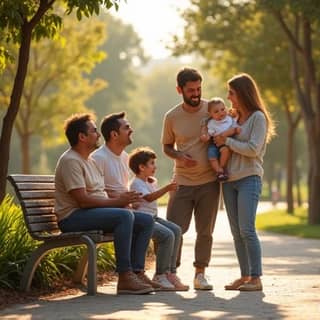 Un grupo diverso y alegre de padres y madres de niños pequeños, de diferentes etnias, charlando y riendo juntos en un parque soleado de España, simbolizando una comunidad de apoyo.