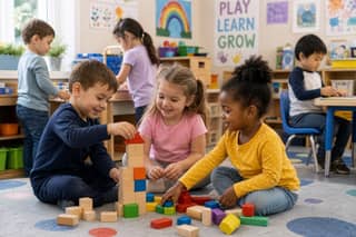 Niños pequeños jugando en un aula de educación infantil bajo supervisión de una educadora