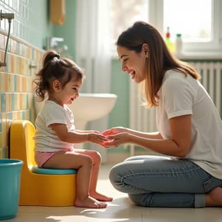 Niña sonriente sentada en un orinal en el baño de una guardería, con una educadora observando con cariño.