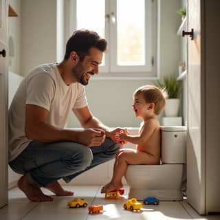 Padre y su hijo pequeño riendo mientras el niño se sienta en un orinal en el baño de casa, con juguetes alrededor.