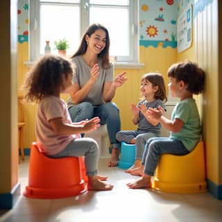 Educadora de guardería española aplaudiendo a un grupo de niños pequeños sentados en orinales de colores vivos.