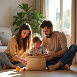 Familia española decluttering y organizando juguetes de madera en una sala de estar luminosa.