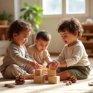 Niños pequeños jugando con bloques de madera y materiales naturales en una guardería luminosa de estilo Montessori en España.